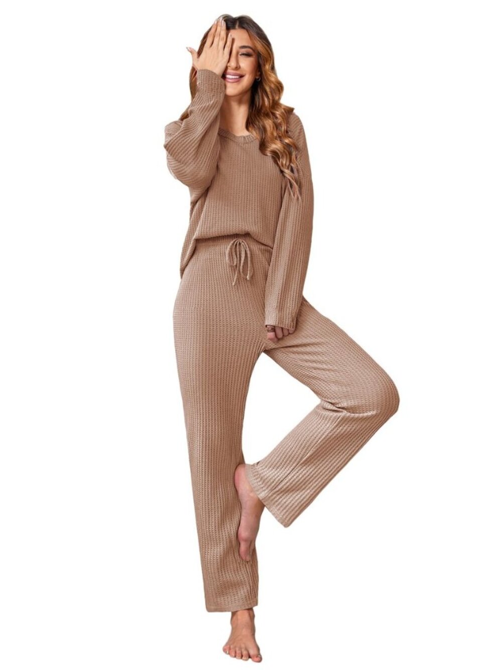 Waffle Knit Pajama Sets Comfy Lounge Sets 2 Piece Matching Pj Sets